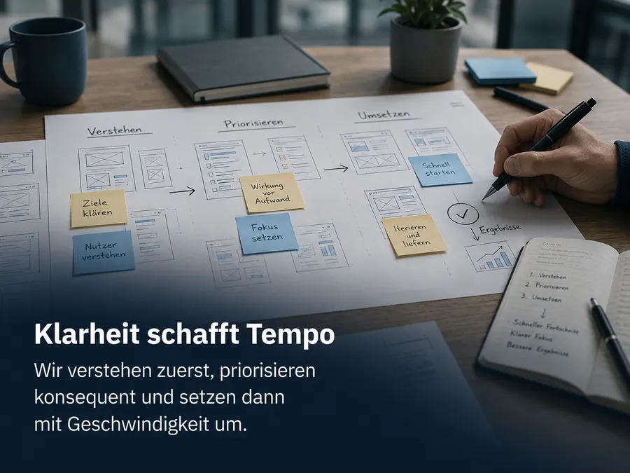 Klarheit schafft Tempo: Wir verstehen zuerst, priorisieren konsequent und setzen dann mit Geschwindigkeit um.