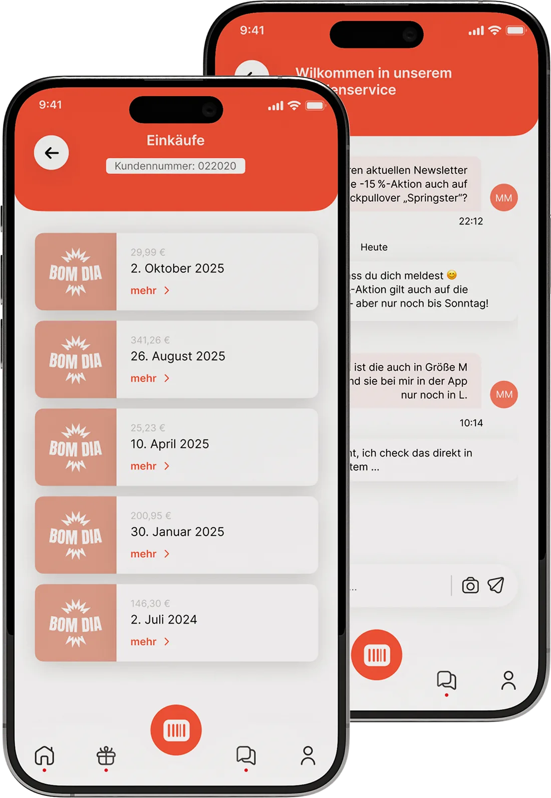 The purchase overview in the app: five purchases with date and amount, with the scan button for the till below