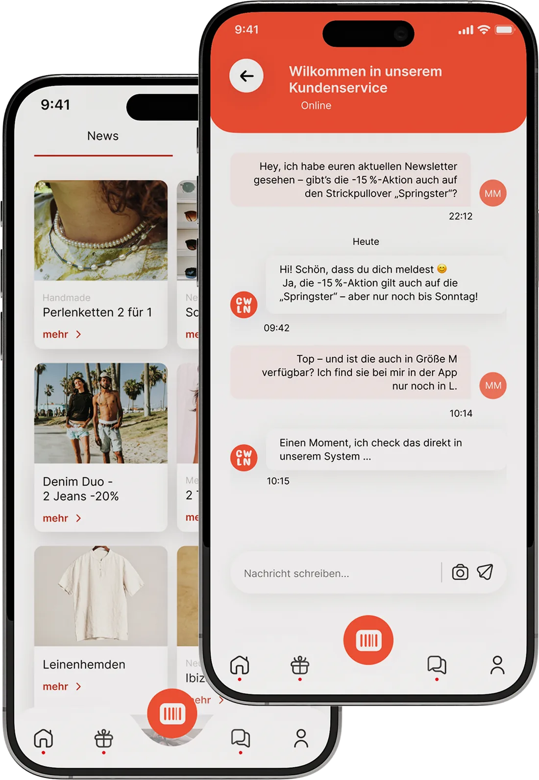 Two smartphones: on the left the news feed with campaigns, on the right the chat between a customer and the store