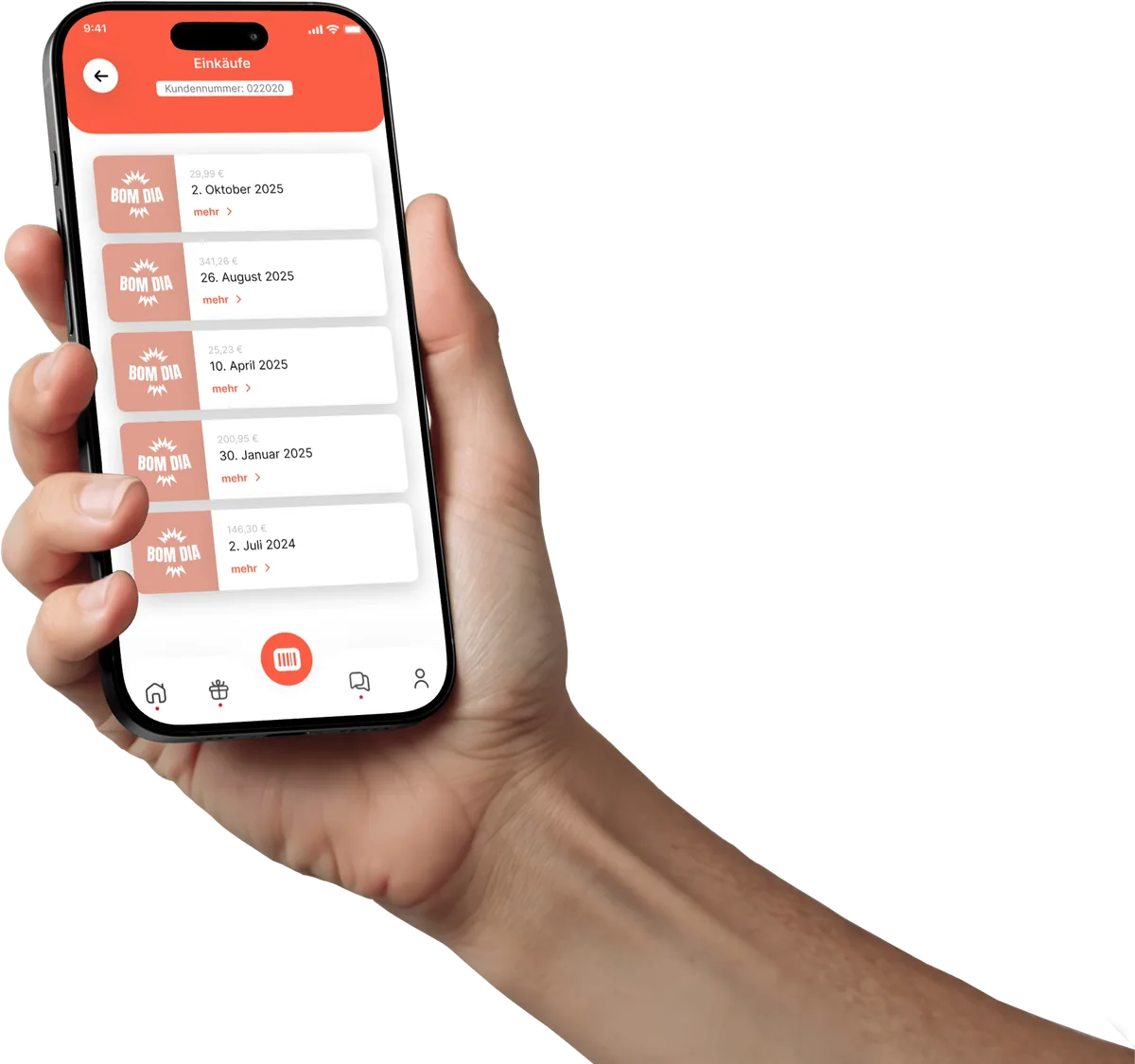 A hand holding an iPhone running the Kundio app: a customer's purchase history with the date and amount of each purchase