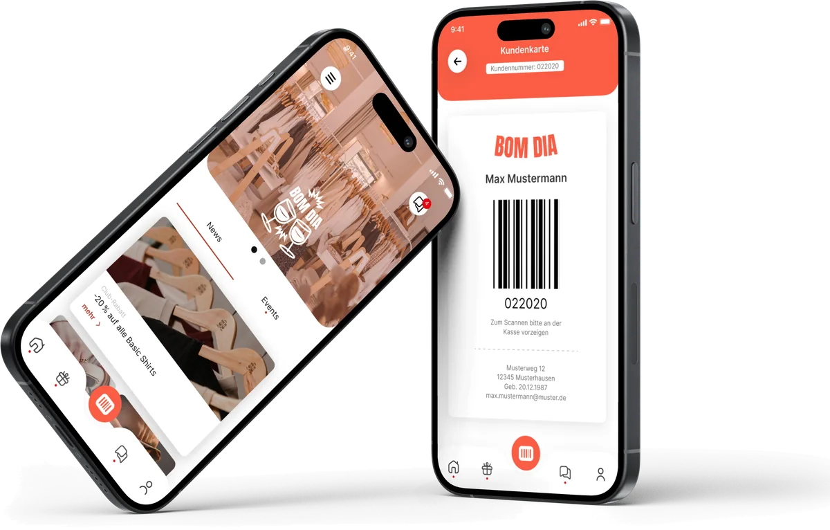 Two smartphones showing the app in a sample retailer's look: on the left the home screen with news and events, on the right the digital loyalty card with its barcode