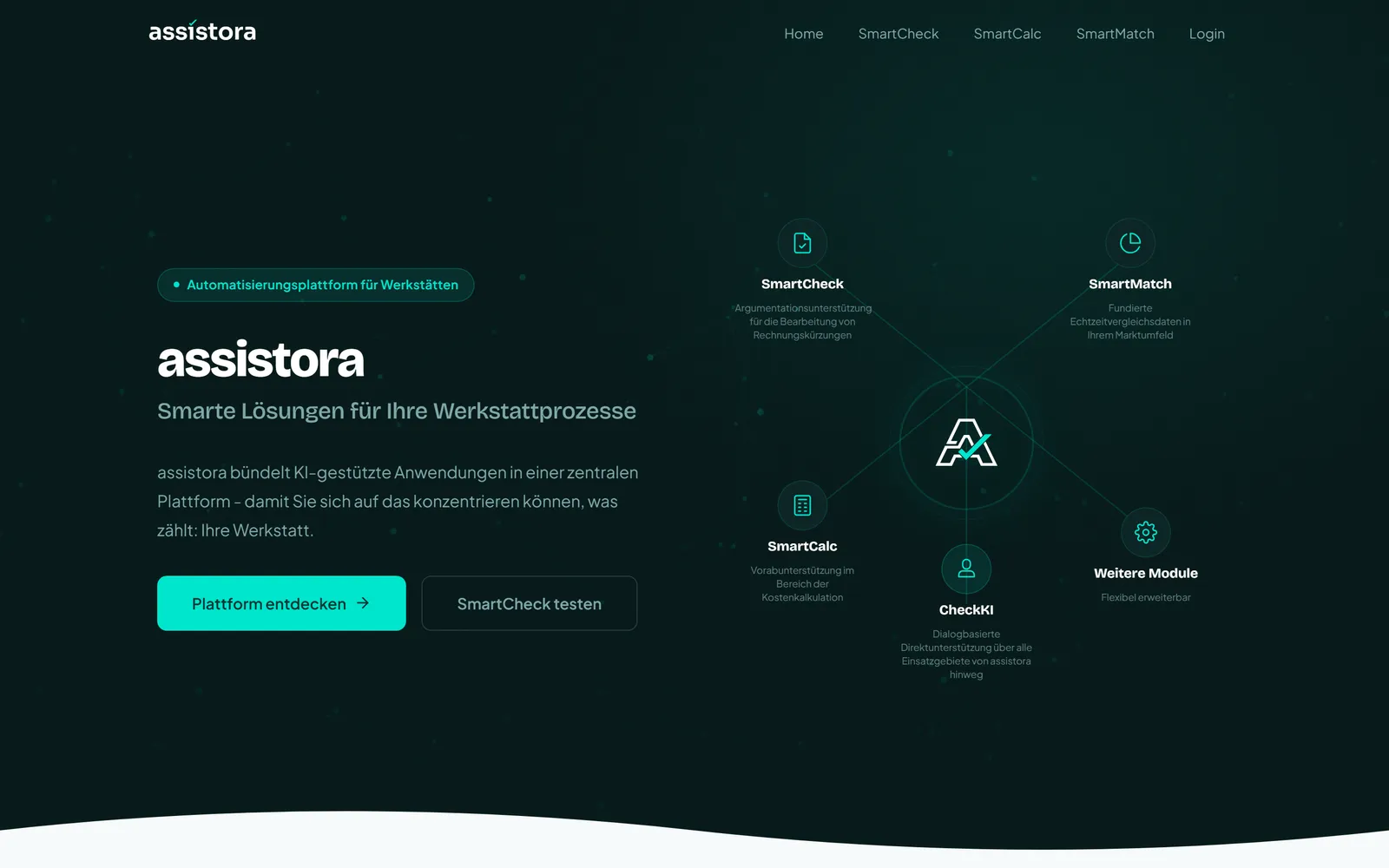 Homepage of assistora.io – platform overview with the SmartCheck, SmartCalc, SmartMatch and CheckKI modules
